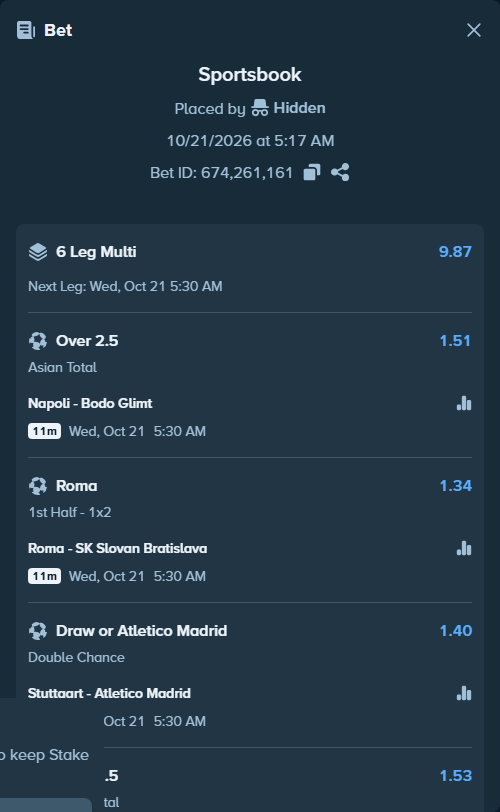 Bet slip: Napoli - Bodo Glimt, $299,004.71 stake at 1.51 odds, placed by Hidden