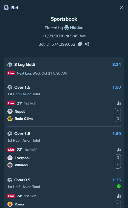 Bet slip: Napoli - Bodo Glimt, $400,400.00 stake at 1.50 odds, placed by Hidden