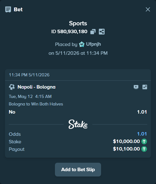 Bet slip: Napoli - Bologna, $10,000.00 stake at 1.01 odds, placed by Ufpnjh