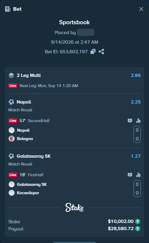 Bet slip: Napoli - Bologna, $10,000.00 stake at 2.25 odds, placed by merve84