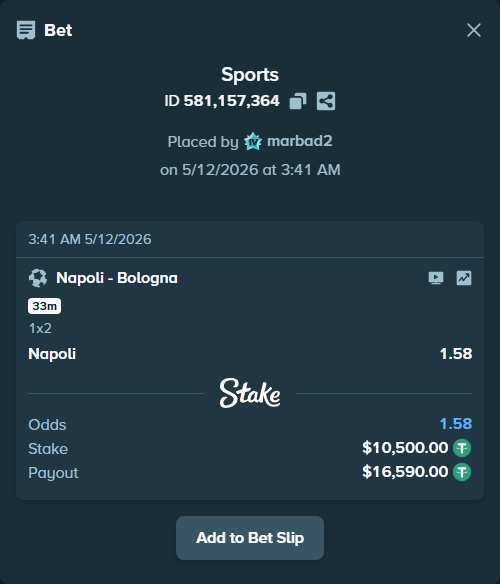 Bet slip: Napoli - Bologna, $10,500.00 stake at 1.58 odds, placed by marbad2