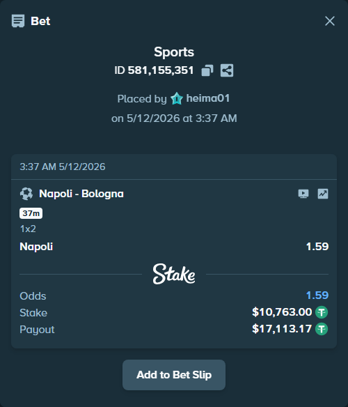 Bet slip: Napoli - Bologna, $10,763.00 stake at 1.59 odds, placed by heima01