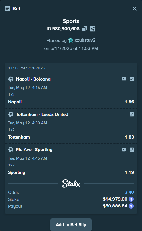 Bet slip: Napoli - Bologna, $11,156.71 stake at 1.56 odds, placed by xzybstuv2