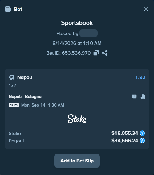 Bet slip: Napoli - Bologna, $18,055.34 stake at 1.92 odds, placed by Erfanabol