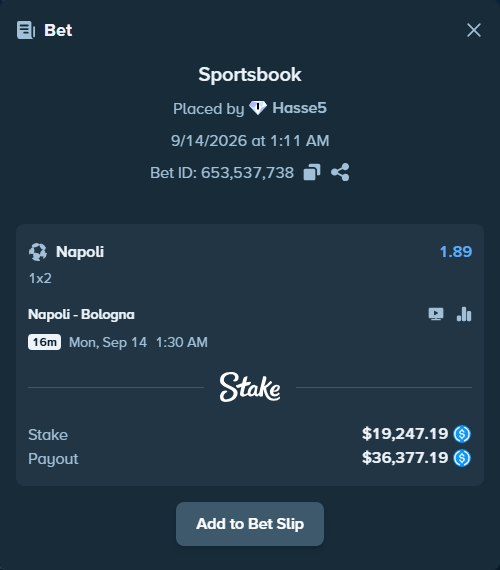 Bet slip: Napoli - Bologna, $19,247.19 stake at 1.89 odds, placed by Hasse5