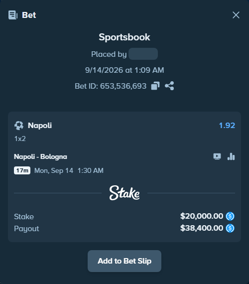 Bet slip: Napoli - Bologna, $20,000.00 stake at 1.92 odds, placed by siqum80