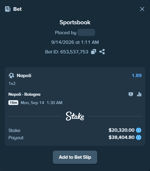Bet slip: Napoli - Bologna, $20,320.00 stake at 1.89 odds, placed by orageq76