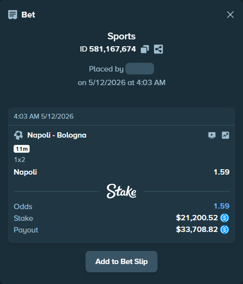 Bet slip: Napoli - Bologna, $21,200.52 stake at 1.59 odds, placed by Vicceforb