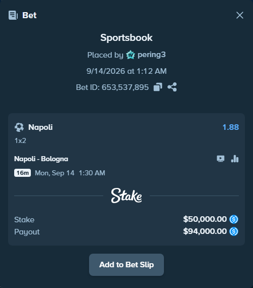 Bet slip: Napoli - Bologna, $50,000.00 stake at 1.88 odds, placed by pering3