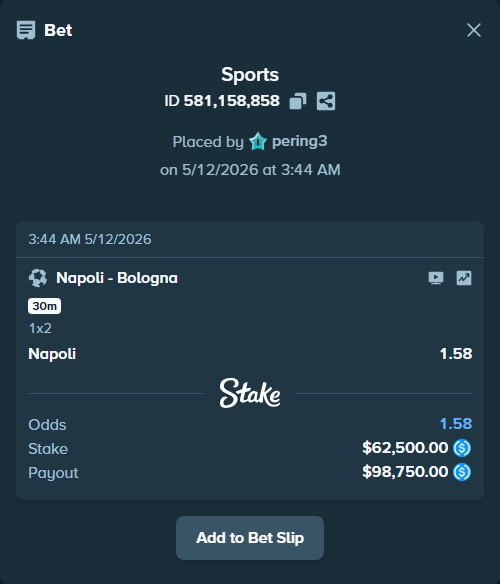 Bet slip: Napoli - Bologna, $62,500.00 stake at 1.58 odds, placed by pering3