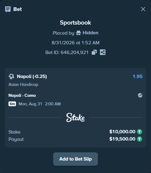 Bet slip: Napoli - Como, $10,000.00 stake at 1.95 odds, placed by Hidden