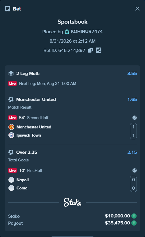 Bet slip: Napoli - Como, $10,000.00 stake at 2.15 odds, placed by KOHINUR7474