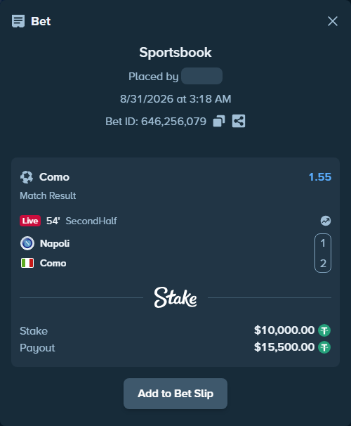 Bet slip: Napoli - Como, $10,000.00 stake at 1.55 odds, placed by Raja6457