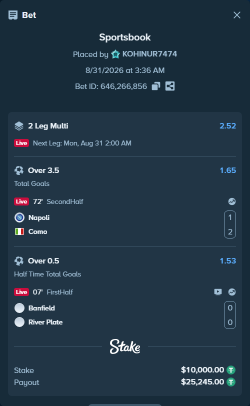 Bet slip: Napoli - Como, $10,000.00 stake at 1.65 odds, placed by KOHINUR7474