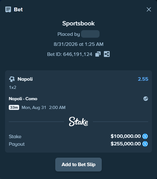 Bet slip: Napoli - Como, $100,000.00 stake at 2.55 odds, placed by Hasse5