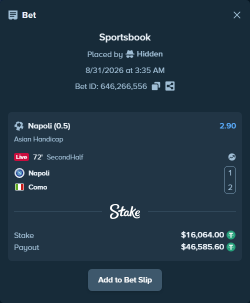 Bet slip: Napoli - Como, $16,064.00 stake at 2.90 odds, placed by Hidden