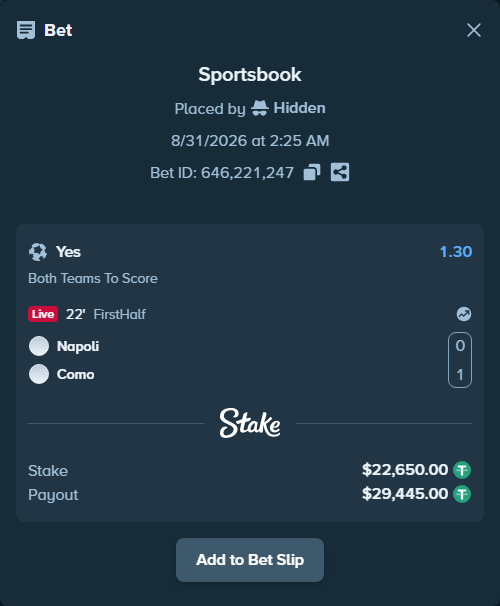 Bet slip: Napoli - Como, $22,650.00 stake at 1.30 odds, placed by Hidden