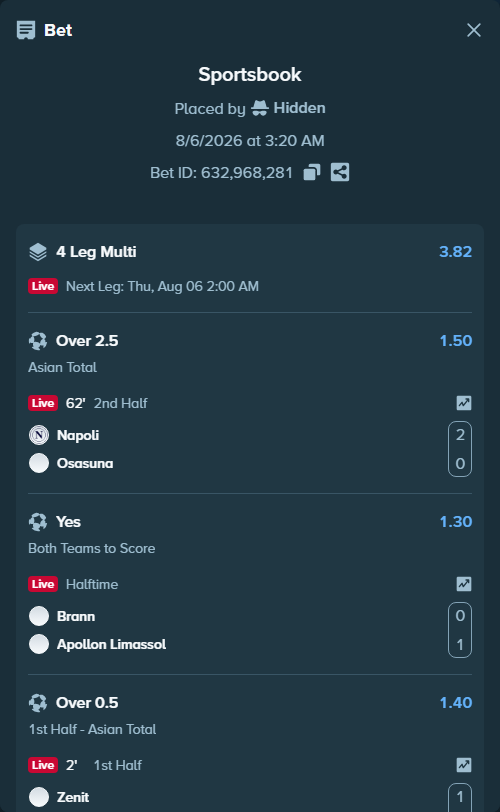 Bet slip: Napoli - Osasuna, $25,791.95 stake at 1.50 odds, placed by Hidden