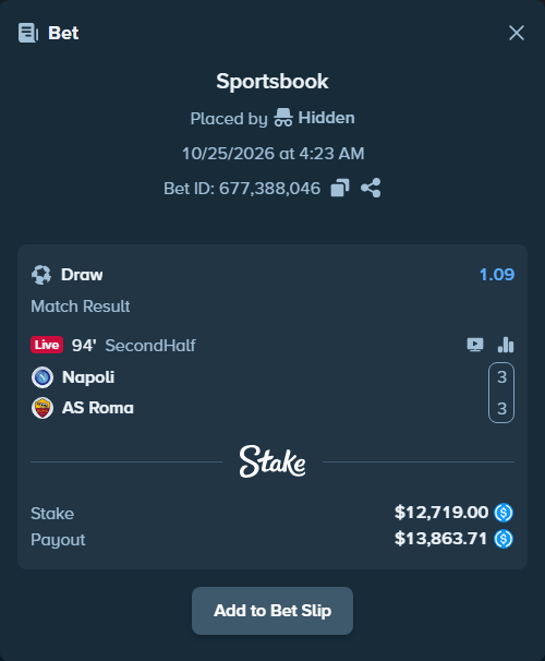 Bet slip: Napoli - Roma, $12,719.00 stake at 1.09 odds, placed by martinesor