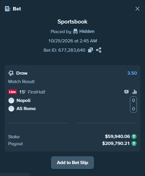 Bet slip: Napoli - Roma, $60,000.00 stake at 3.50 odds, placed by BetlikeaKing