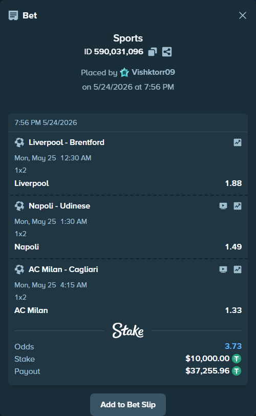 Bet slip: Napoli - Udinese, $10,000.00 stake at 1.49 odds, placed by Vishktorr09