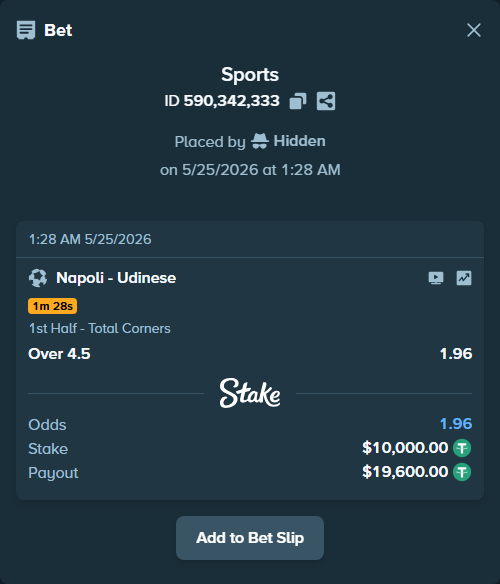 Bet slip: Napoli - Udinese, $10,000.00 stake at 1.96 odds, placed by Hidden