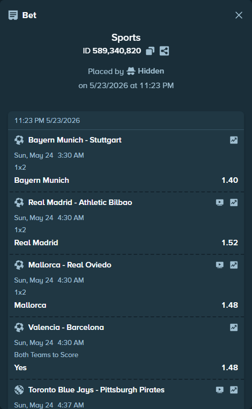 Bet slip: Napoli - Udinese, $15,000.00 stake at 1.47 odds, placed by Hidden