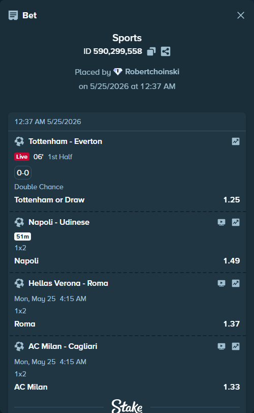 Bet slip: Napoli - Udinese, $34,000.00 stake at 1.49 odds, placed by Robertchoinski