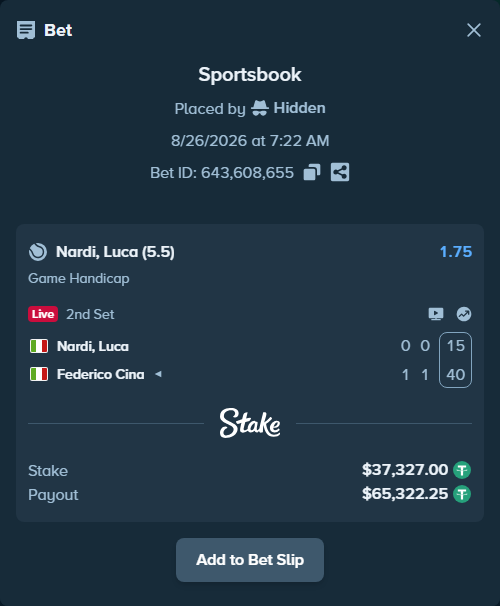 Bet slip: Nardi, Luca - Federico Cina, $37,327.00 stake at 1.75 odds, placed by Hidden