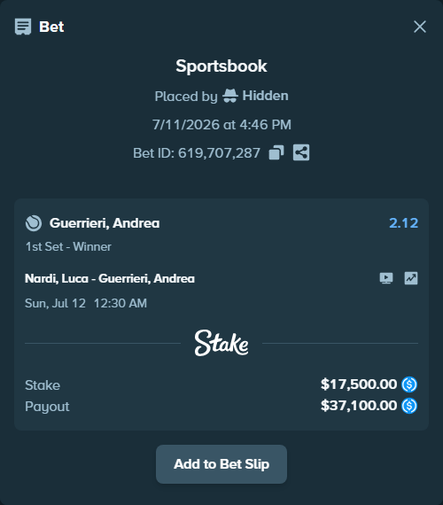 Bet slip: Nardi, Luca - Guerrieri, Andrea, $17,500.00 stake at 2.12 odds, placed by Hidden