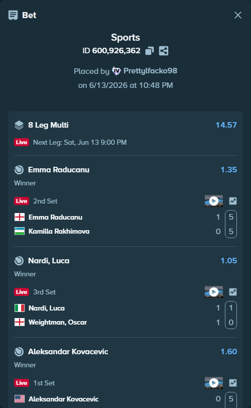 Bet slip: Nardi, Luca - Weightman, Oscar, $41,284.43 stake at 1.05 odds, placed by Prettylfacko98