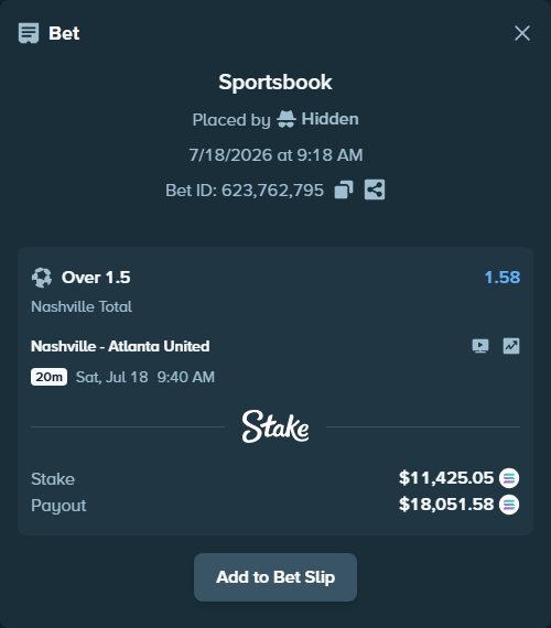 Bet slip: Nashville - Atlanta United, $11,059.04 stake at 1.58 odds, placed by Hidden
