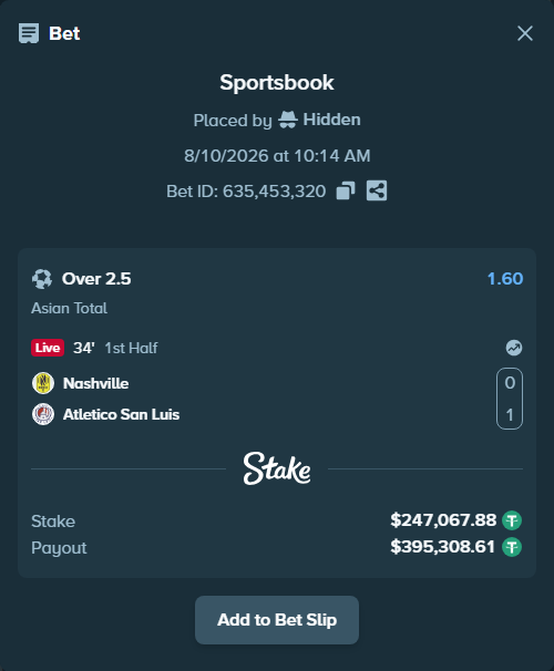 Bet slip: Nashville - Atletico San Luis, $247,314.95 stake at 1.60 odds, placed by Hidden