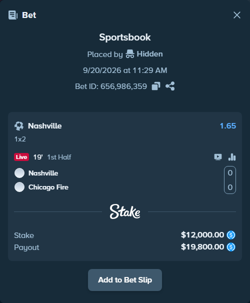 Bet slip: Nashville - Chicago Fire, $12,000.00 stake at 1.65 odds, placed by Hidden