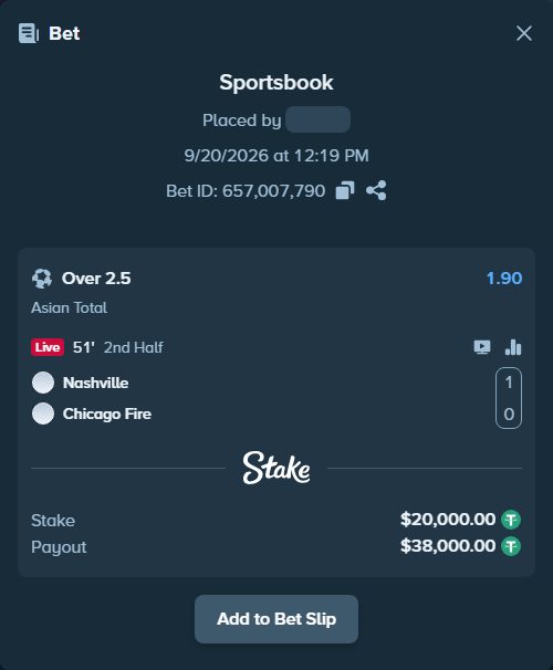 Bet slip: Nashville - Chicago Fire, $20,000.00 stake at 1.90 odds, placed by tlwns4736