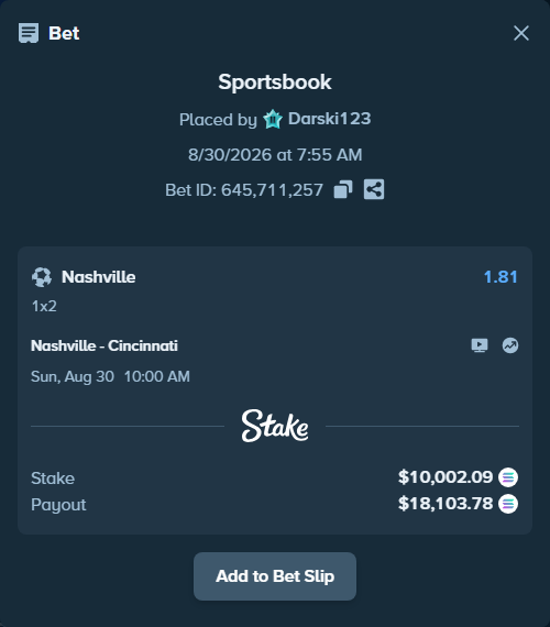 Bet slip: Nashville - Cincinnati, $10,008.40 stake at 1.81 odds, placed by Darski123