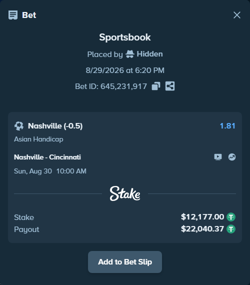 Bet slip: Nashville - Cincinnati, $12,177.00 stake at 1.81 odds, placed by Hidden