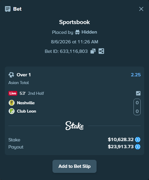 Bet slip: Nashville - Club Leon, $10,628.32 stake at 2.25 odds, placed by Hidden