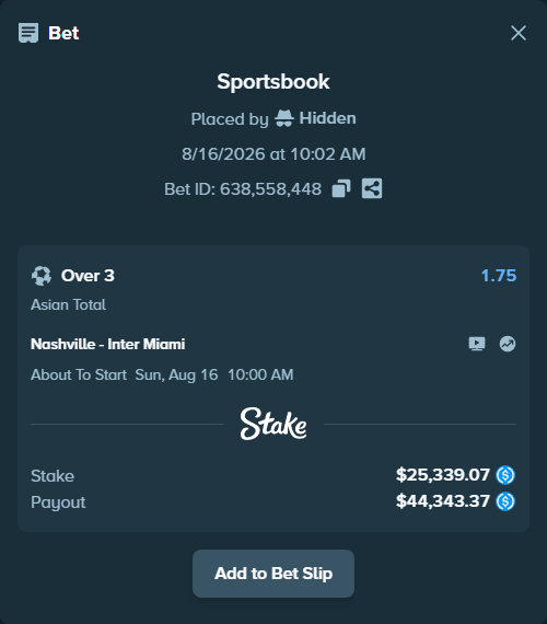 Bet slip: Nashville - Inter Miami, $25,339.07 stake at 1.75 odds, placed by Hidden