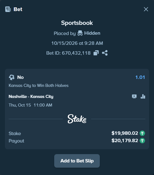 Bet slip: Nashville - Kansas City, $20,000.00 stake at 1.01 odds, placed by korehato