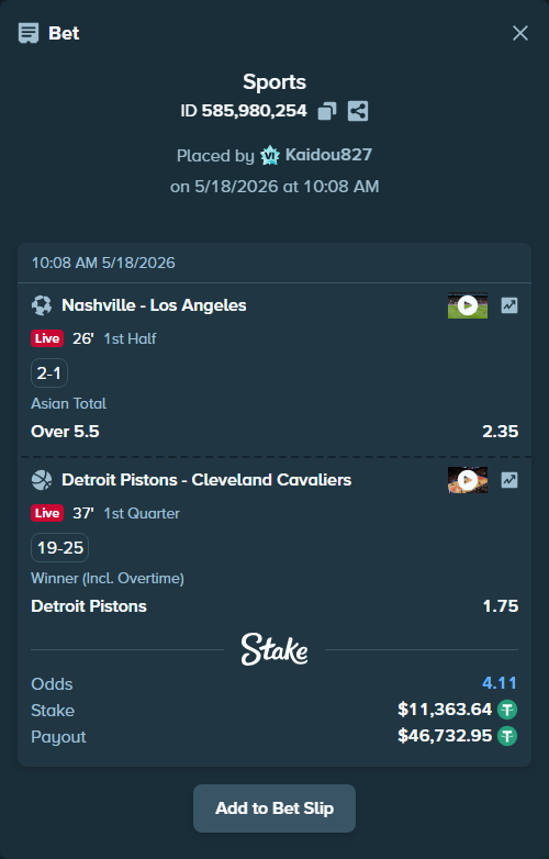 Bet slip: Nashville - Los Angeles, $11,375.00 stake at 2.35 odds, placed by Kaidou827