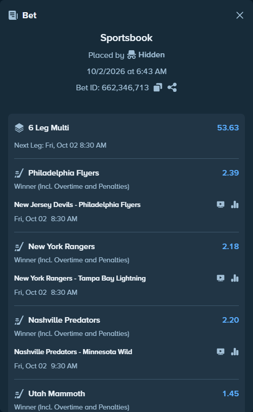 Bet slip: Nashville Predators - Minnesota Wild, $31,964.85 stake at 2.20 odds, placed by Hidden