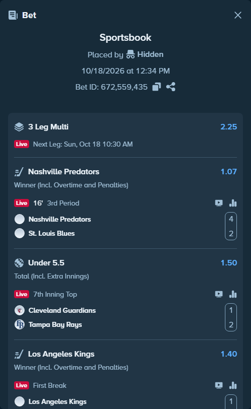 Bet slip: Nashville Predators - St. Louis Blues, $12,945.00 stake at 1.07 odds, placed by Chitico19