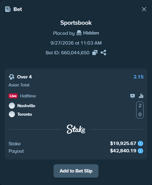 Bet slip: Nashville - Toronto, $19,925.67 stake at 2.15 odds, placed by Hidden