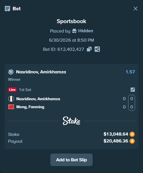 Bet slip: Nasridinov, Amirkhamza - Meng, Fanming, $13,828.76 stake at 1.57 odds, placed by Hidden