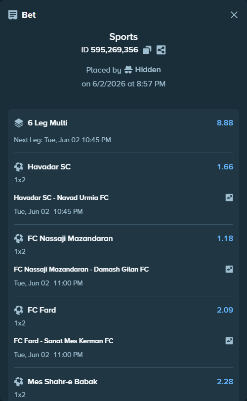 Bet slip: Nassaji Mazandaran FC - Damash Gilan FC, $10,010.00 stake at 1.18 odds, placed by Hidden