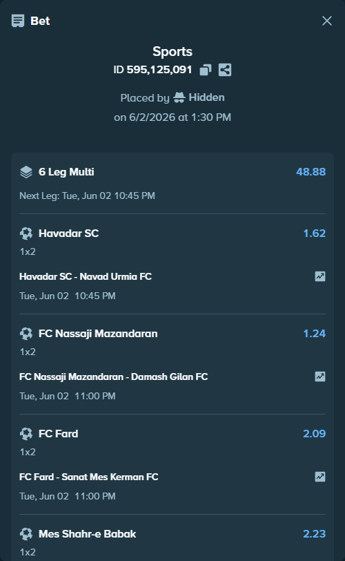 Bet slip: Nassaji Mazandaran FC - Damash Gilan FC, $11,793.71 stake at 1.24 odds, placed by Hidden