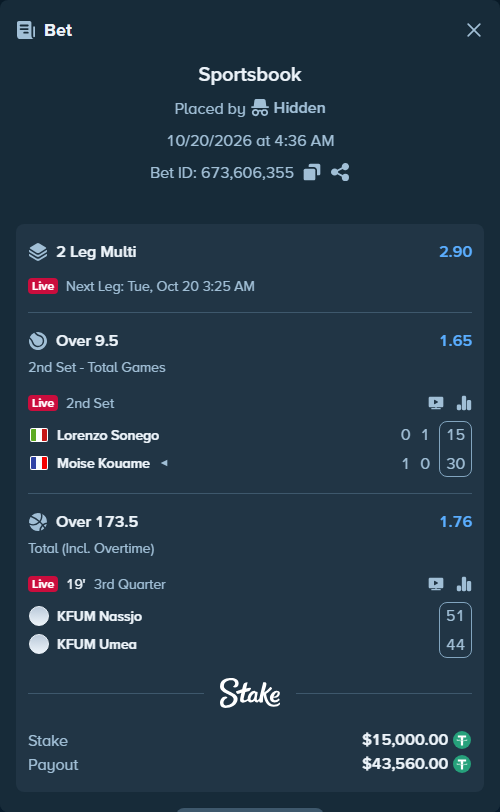 Bet slip: Nassjo Basket - KFUM Umea, $15,015.00 stake at 1.76 odds, placed by Kriski99