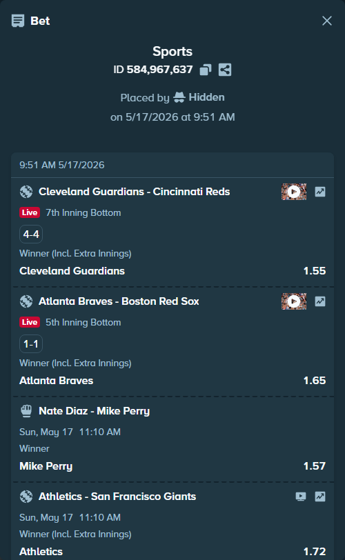 Bet slip: Nate Diaz - Mike Perry, $10,000.00 stake at 1.57 odds, placed by Hidden