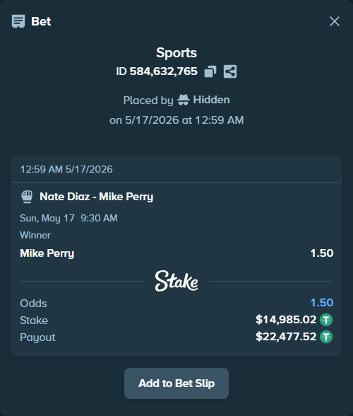 Bet slip: Nate Diaz - Mike Perry, $15,000.00 stake at 1.50 odds, placed by Hidden